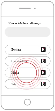 Ekran telefonu, na którym użytkownik wybiera numer telefonu odbiorcy z listy kontaktów w aplikacji BLIK.