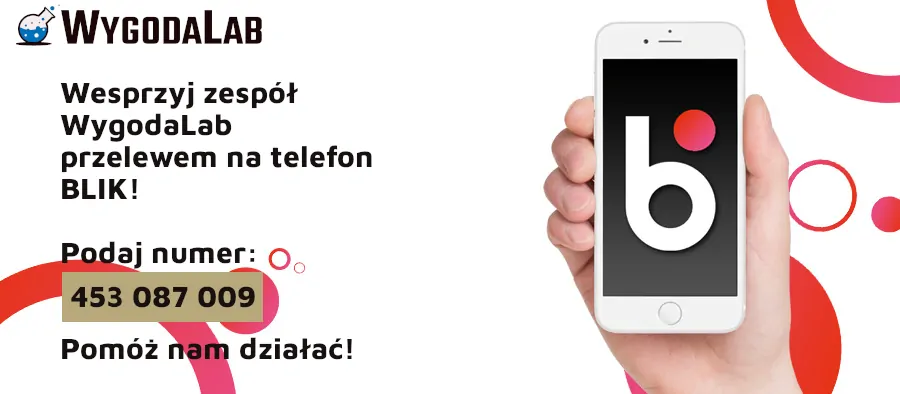 Grafika zachęcająca do wsparcia zespołu WygodaLab przelewem na telefon BLIK.