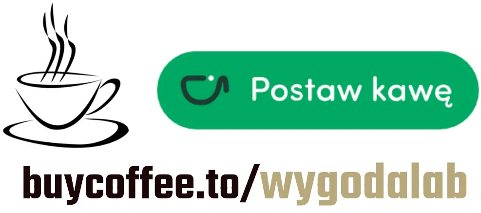 Ikona filiżanki kawy, przycisk "Postaw kawę" oraz link do wsparcia WygodaLab przez platformę BuyCoffee.