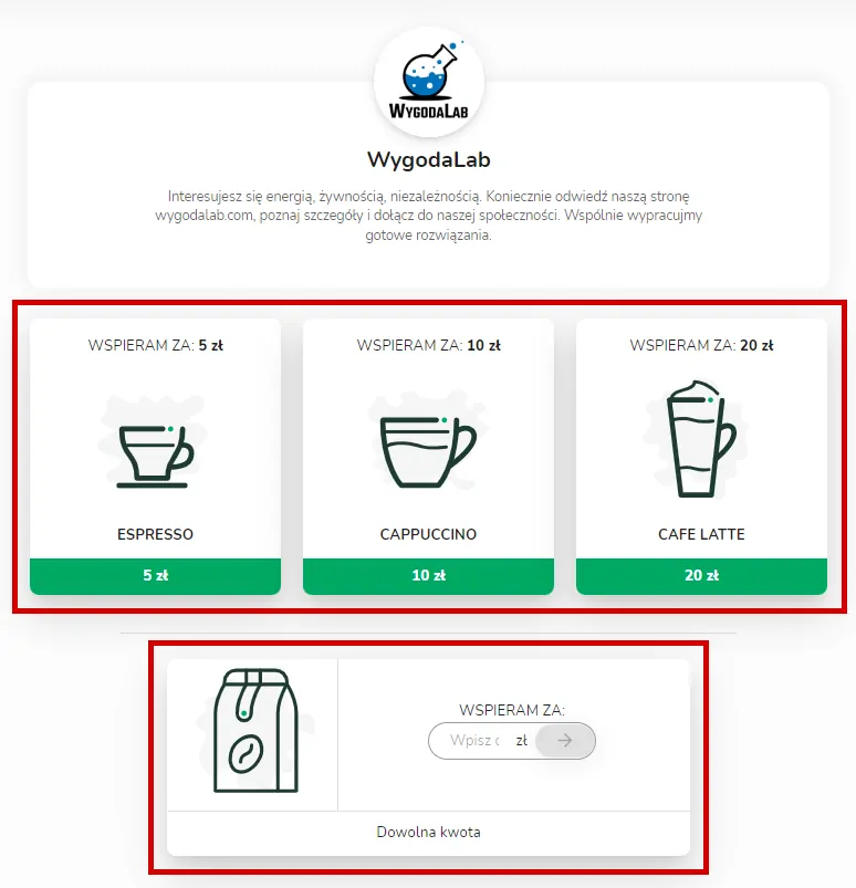 Wybór kwoty wsparcia dla WygodaLab za pośrednictwem BuyCoffee.