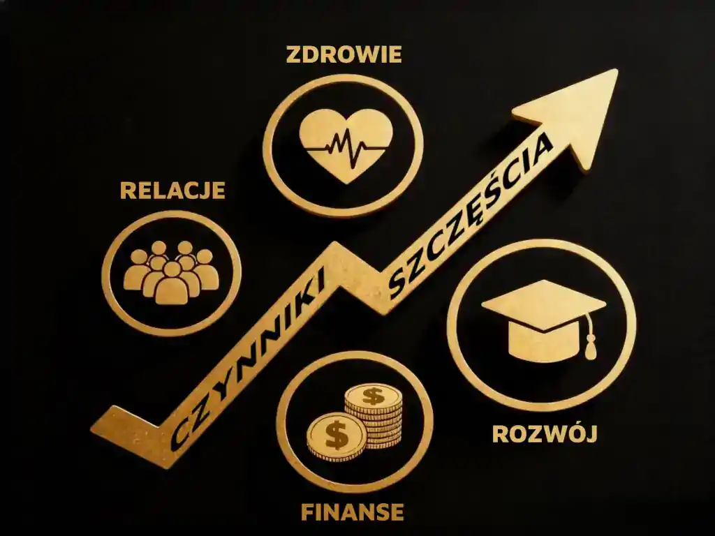 Czynniki szczęścia z ikonami: zdrowie, relacje, rozwój osobisty, finanse. Grafika ukazuje istotny wpływ tych czynników na szczęście.
