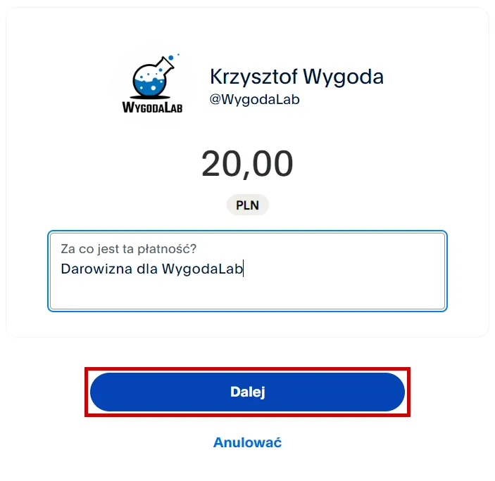 Formularz płatności przez PayPal.me z darowizną dla WygodaLab na kwotę 20 PLN.