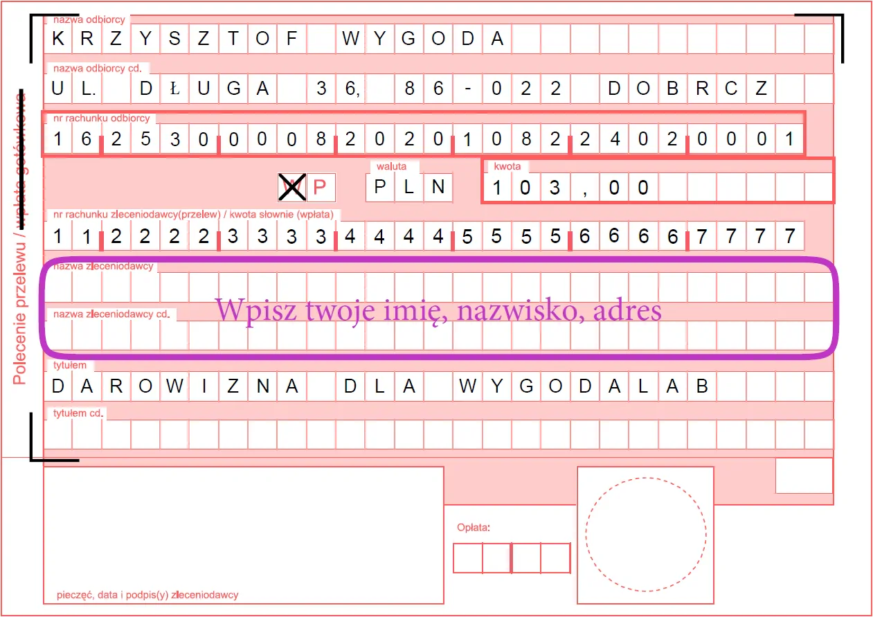Polecenie przelewu bankowego dla wsparcia WygodaLab, z zaznaczeniem miejsca na dane zleceniodawcy, takie jak imię, nazwisko i adres.