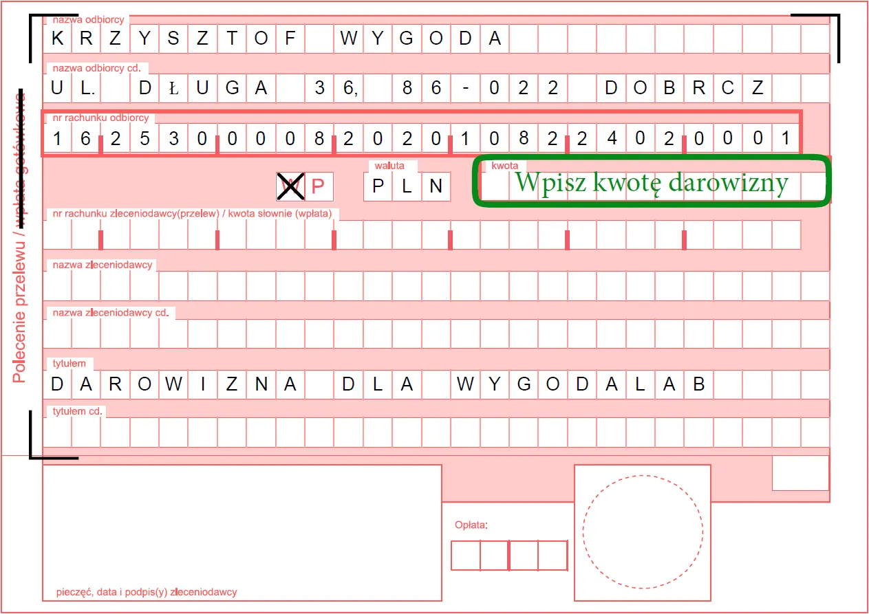 Druk polecenia przelewu darowizny z polem do wpisania kwoty na rzecz WygodaLab.