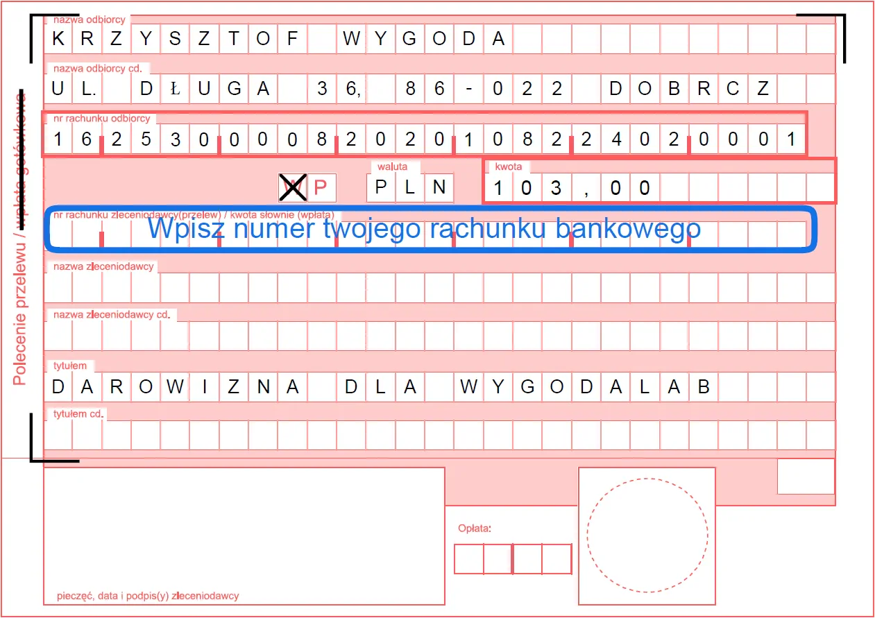 Druk polecenia przelewu bankowego dla wsparcia WygodaLab. Wypełniony druk z danymi odbiorcy, rachunkiem WygodaLab, kwotą oraz tytułem "DAROWIZNA DLA WYGODALAB".