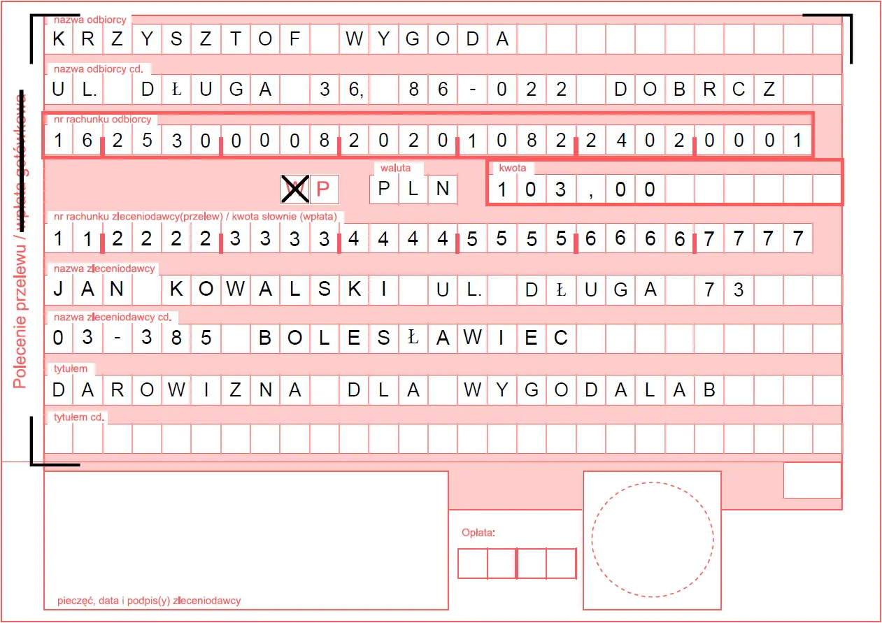 Wzór druku polecenia przelewu darowizny na rzecz WygodaLab.