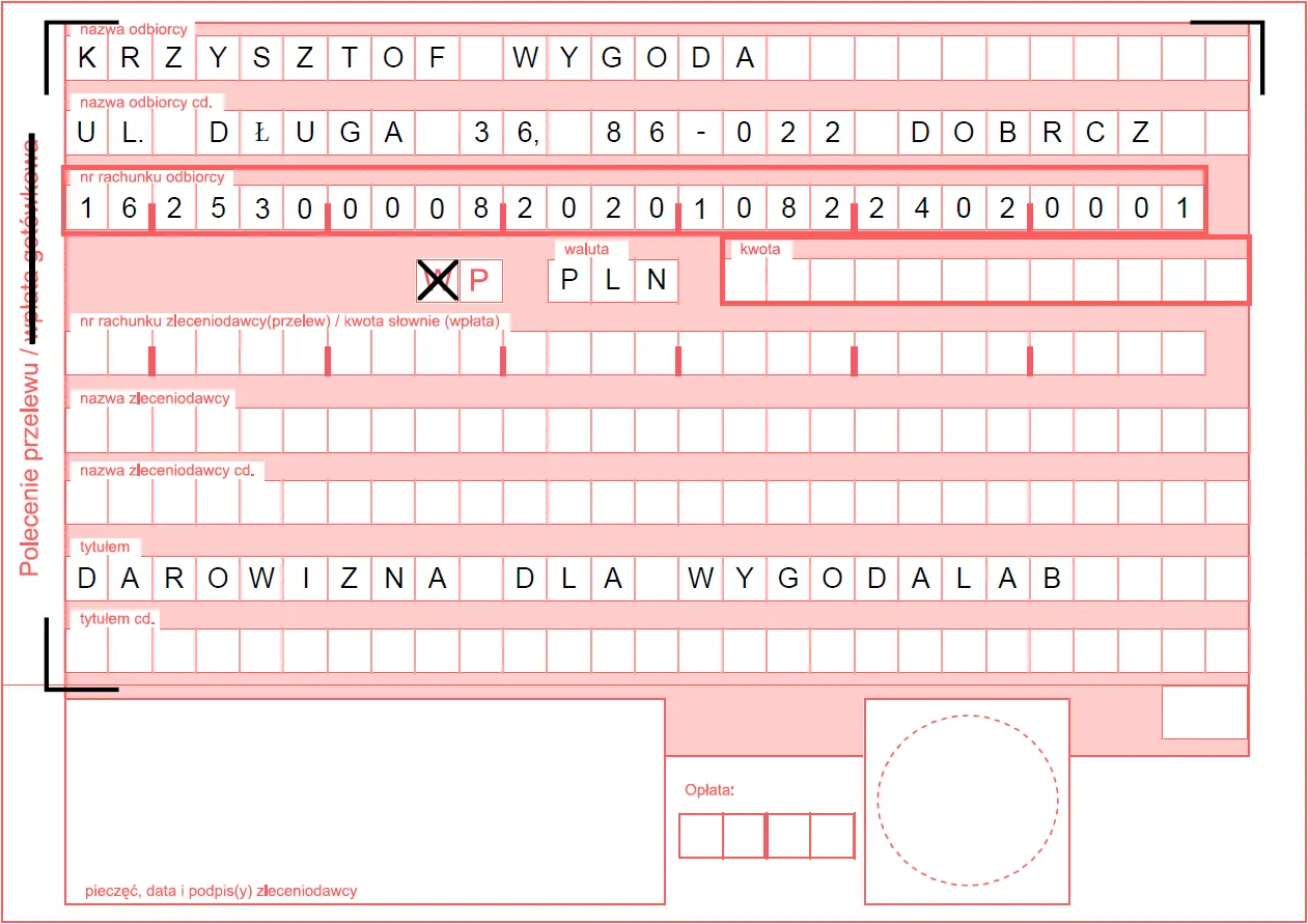 Druk polecenia przelewu darowizny na rzecz WygodaLab.