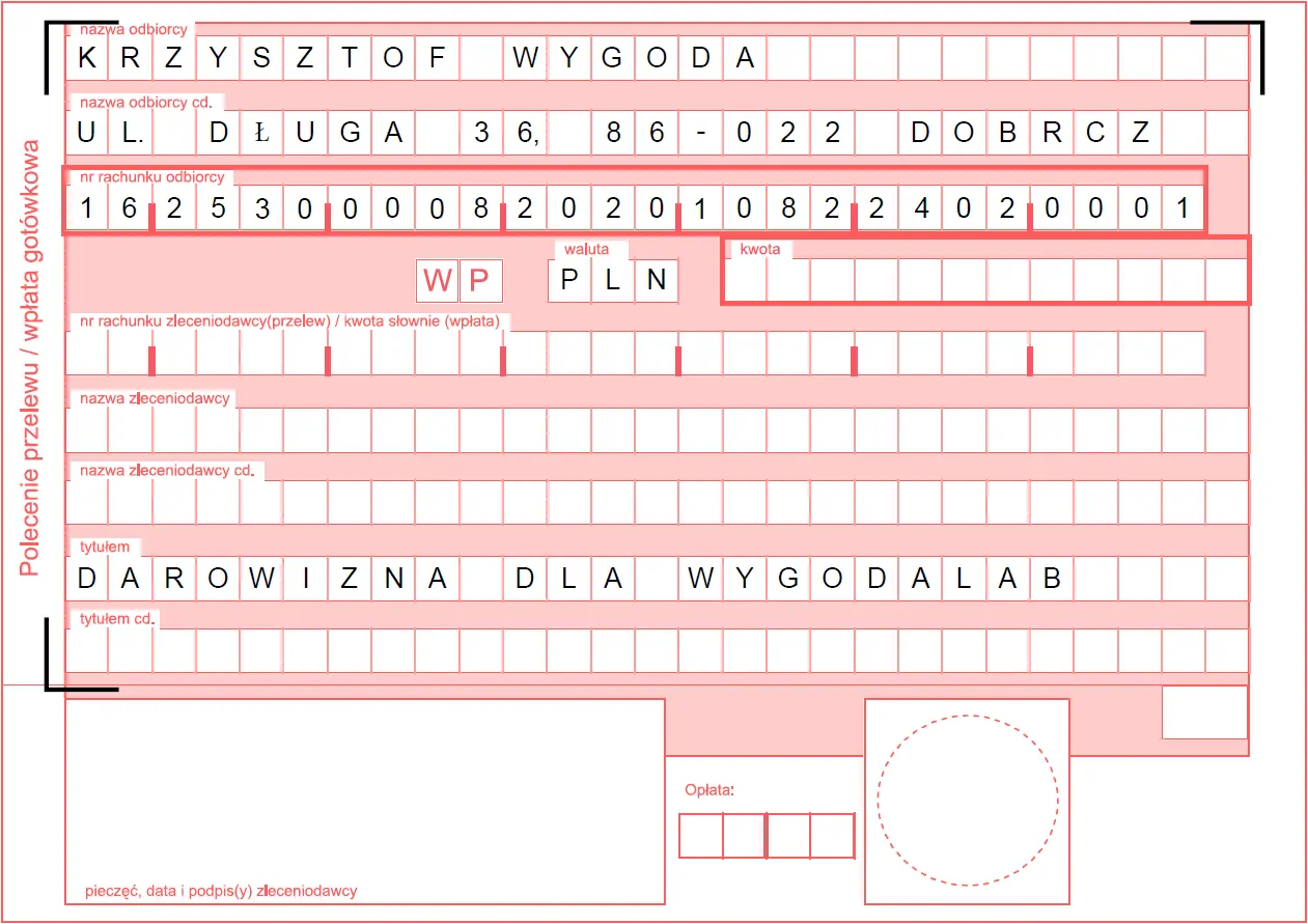 Wzór polecenia przelewu lub wpłaty gotówkowej na darowiznę dla WygodaLab.