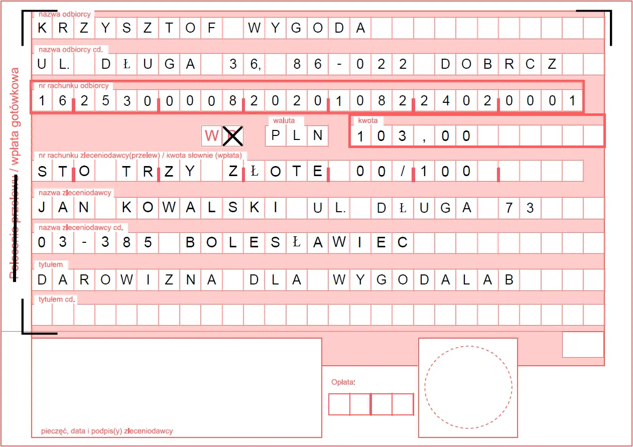 Wzór druku wpłaty gotówkowej darowizny na rzecz WygodaLab.