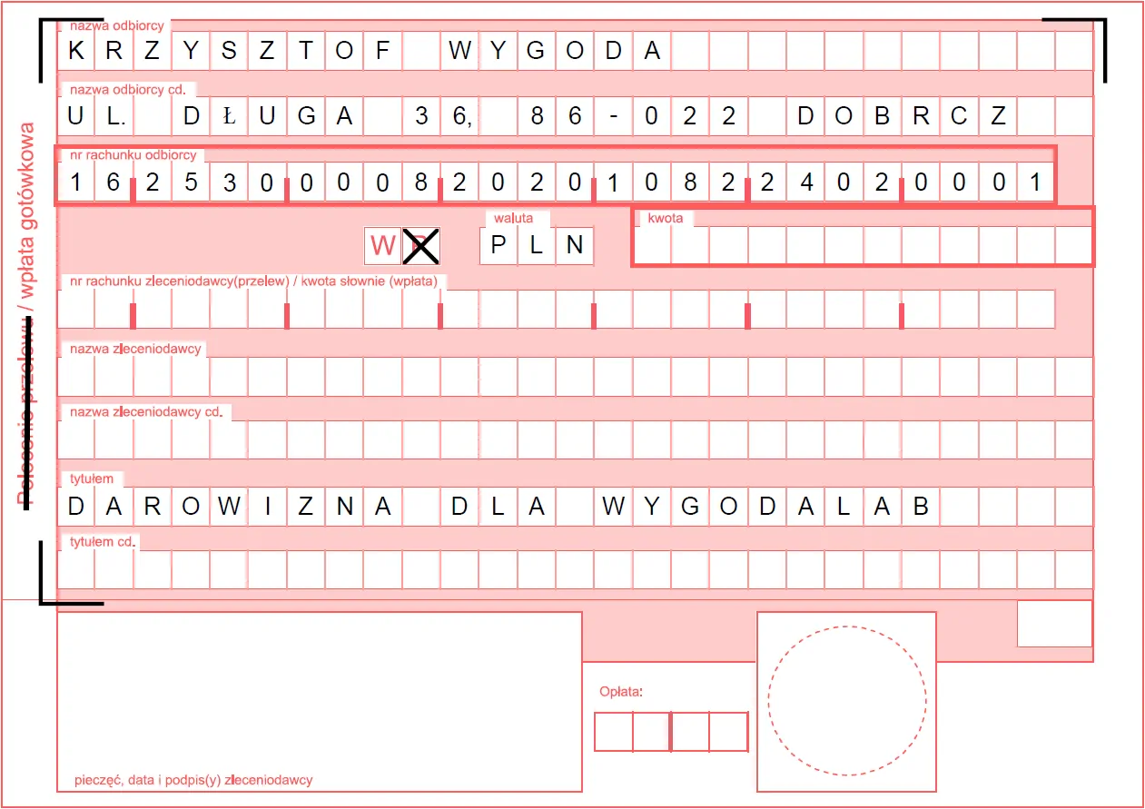 Wzór druku wpłaty gotówkowej na darowiznę dla WygodaLab.