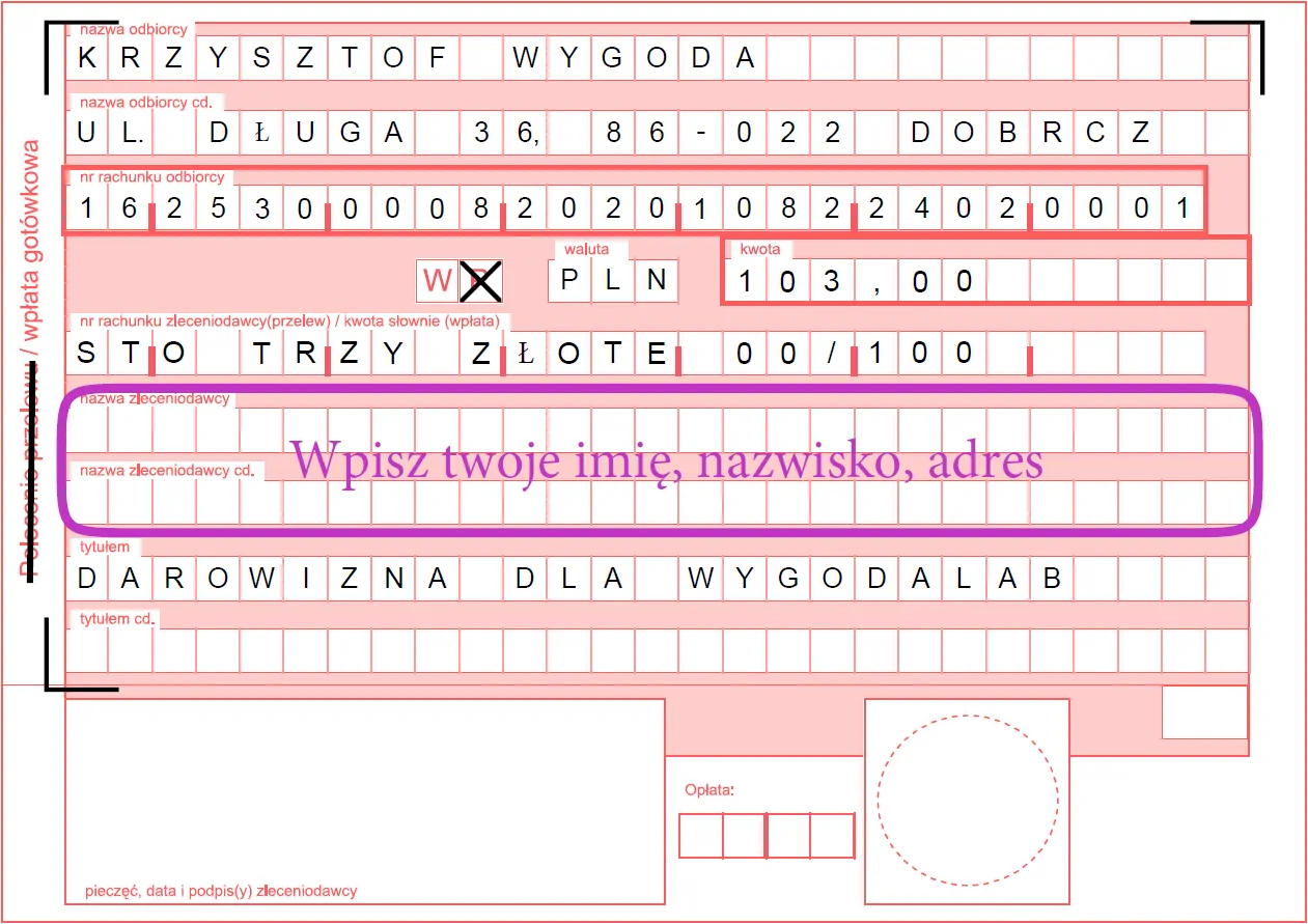 Druk wpłatyy na rzecz WygodaLab z polem do wypełnienia danych zlecającego.
