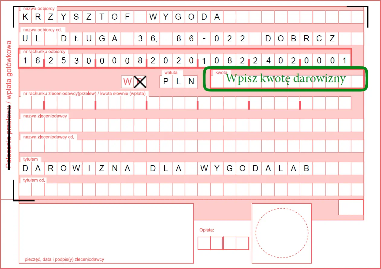 Formularz przekazania darowizny na rzecz WygodaLab w formie wpłaty gotówkowej z ukazanym polem do wpisania kwoty.