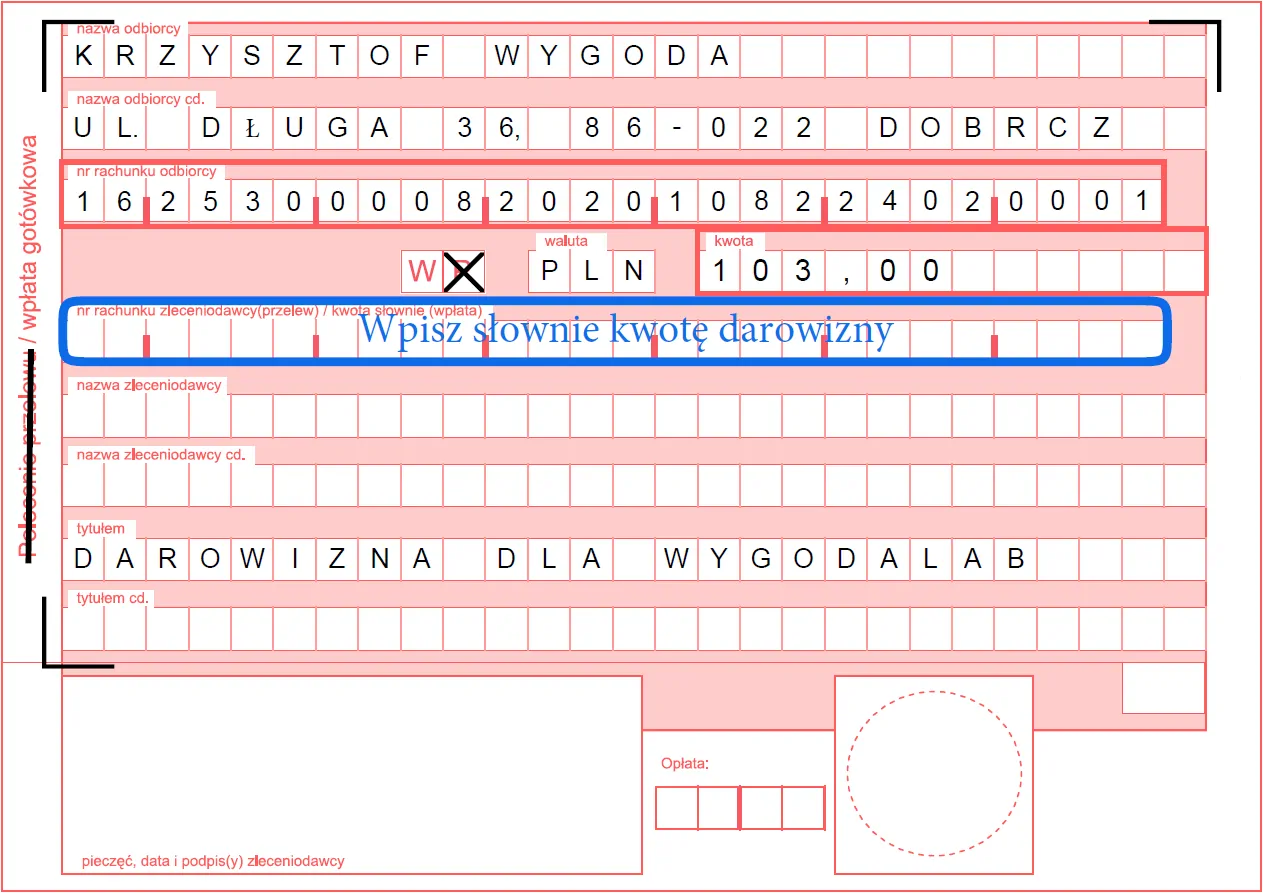 Druk wpłaty darowizny na rzecz WygodaLab z polem do wpisania słownie kwoty darowizny.