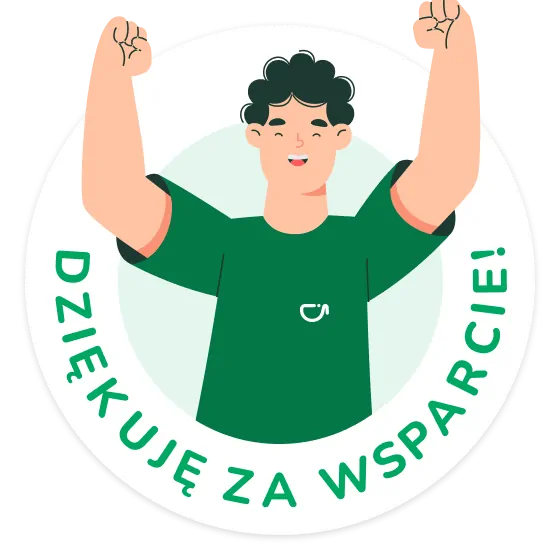 Ilustracja przedstawiająca osobę dziękującą za wsparcie z napisem "Dziękuję za wsparcie!".