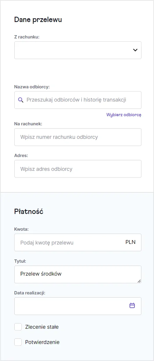 Formularz w bankowości internetowej do wpisania danych przelewu – rachunek, odbiorca, kwota, tytuł i data realizacji.