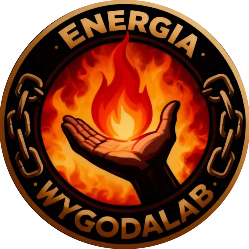 Logo projektu WygodaLab - budowa niezależności energetycznej, zawierające rękę trzymającą płomień ognia.