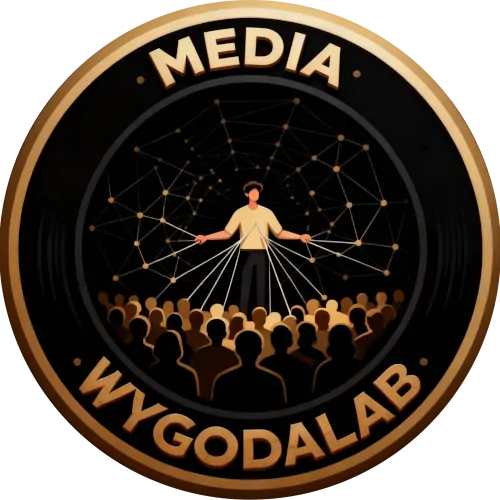 Logo z napisem „Media” i ilustracją osoby kontrolującej sieć połączeń nad tłumem ludzi witryny WygodaLab.