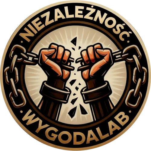 Logo przedstawiające symbol uwolnienia, z łamanymi łańcuchami i uniesionymi pięściami, symbolizującymi walkę o niezależność.