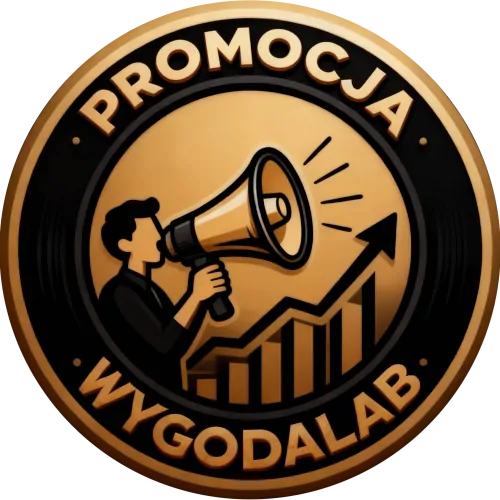 Logo WygodaLab związane z promocją, przedstawiające osobę z megafonem i rosnący wykres.