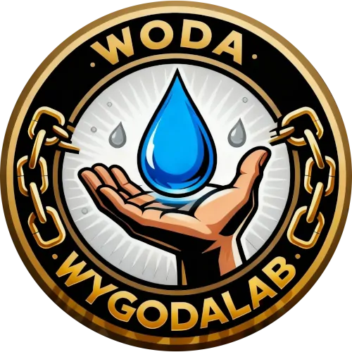 Logo projektu WygodaLab - budowa niezależności wodnej, zawierające rękę trzymającą kroplę wody.