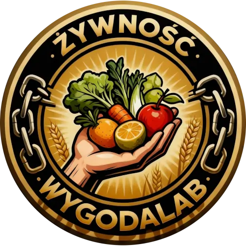 Logo projektu WygodaLab - budowa niezależności żywnościowej, zawierające rękę trzymającą warzywa i owoce.