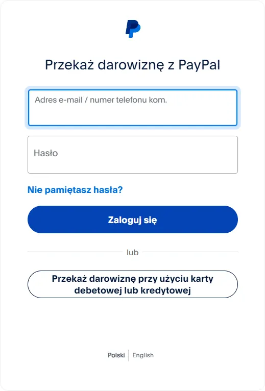 Logowanie do PayPal w celu przekazania darowizny.