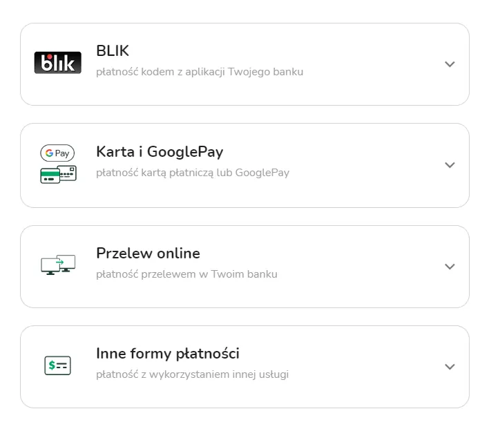 Wybór metod płatności na platformie BuyCoffee, obejmujący BLIK, kartę płatniczą, przelew online i inne opcje.