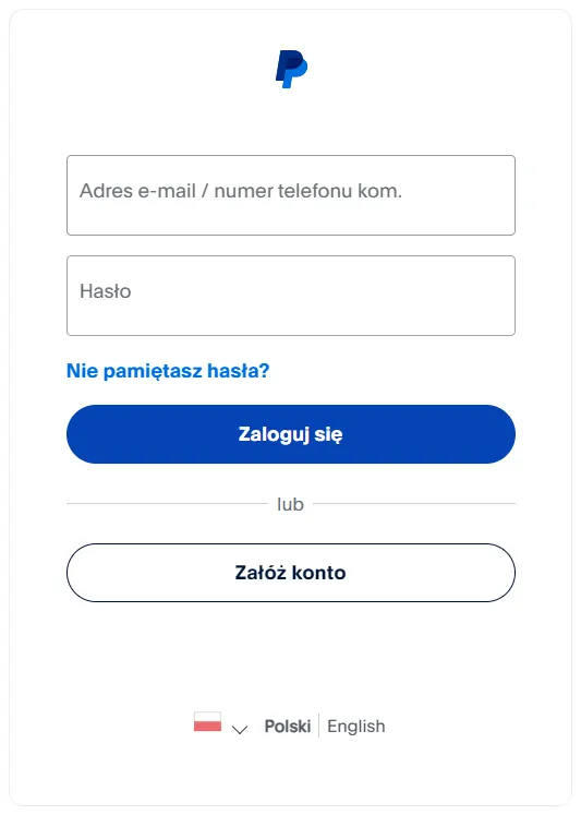 Ekran logowania do PayPal, z polami na adres e-mail i hasło oraz przyciskiem „Zaloguj się”.