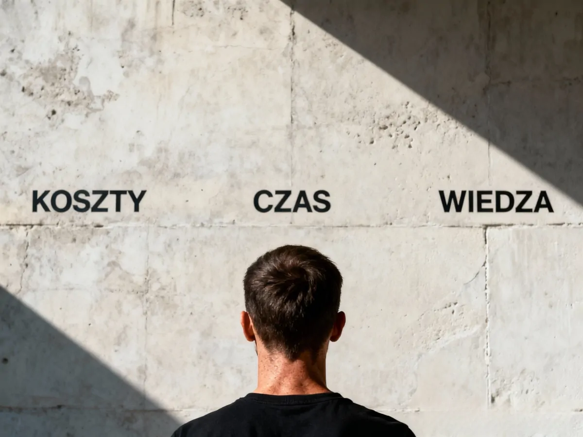Osoba stojąca przed ścianą z napisami "Koszty", "Czas", "Wiedza" - symbolizująca przeszkody na drodze do samowystarczalności.