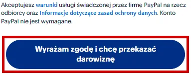 Przycisk do wyrażenia zgody na przekazanie darowizny przez PayPal.