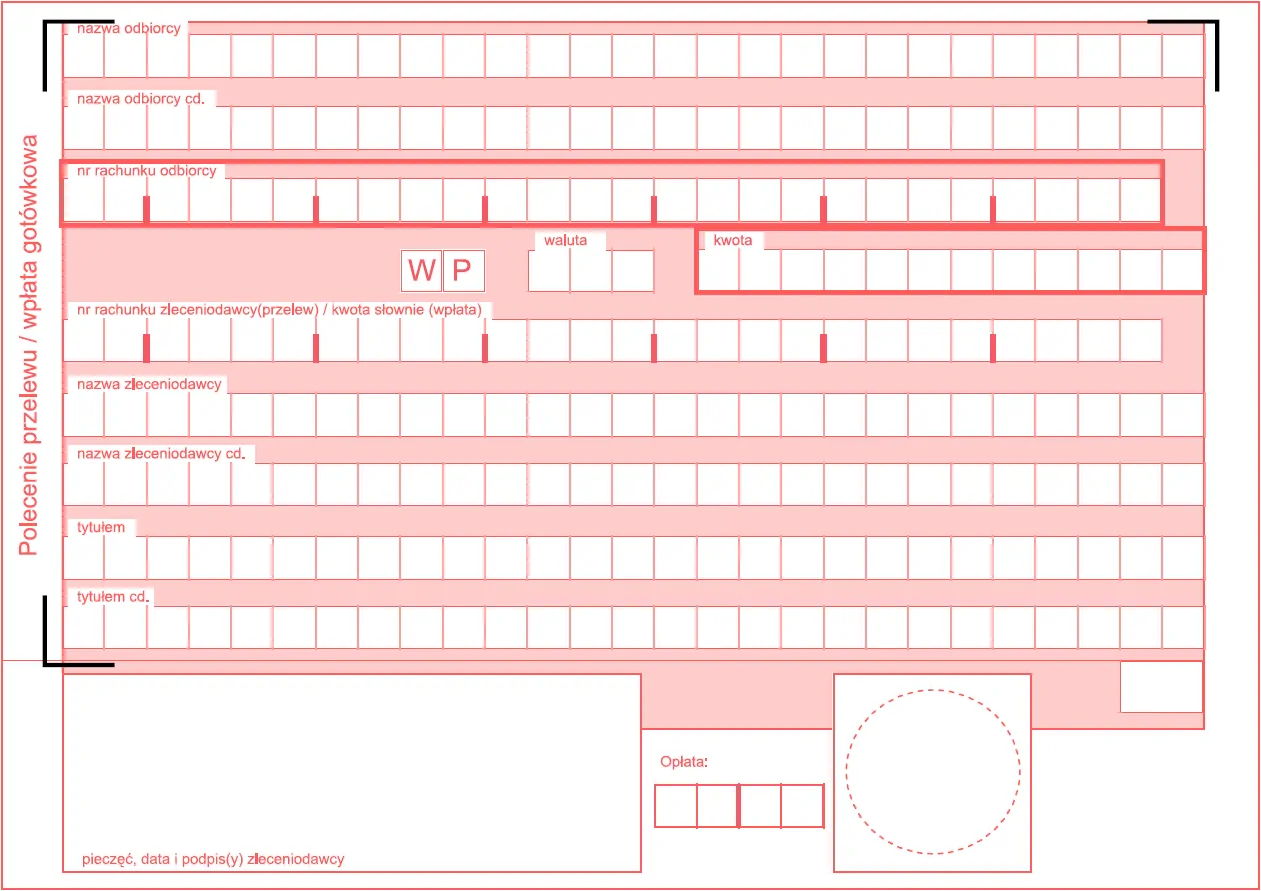 Pusty druk polecenia przelewu lub wpłaty gotókowej.