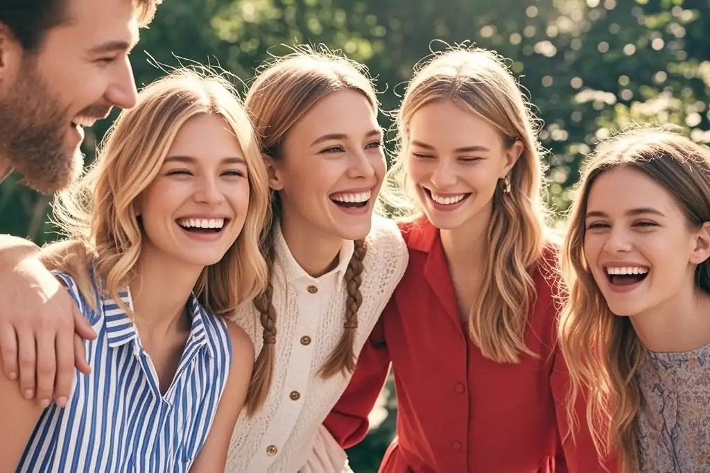 Grupa uśmiechniętych osób cieszy się wspólnym czasem na świeżym powietrzu, budując relacje oparte na szczęściu.