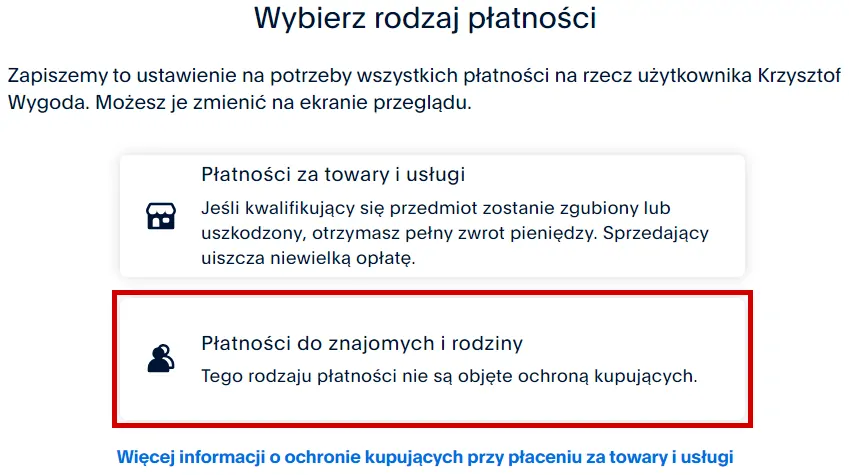 Formularz wyboru rodzaju płatności na PayPal.me, opcja "Płatności do znajomych i rodziny".