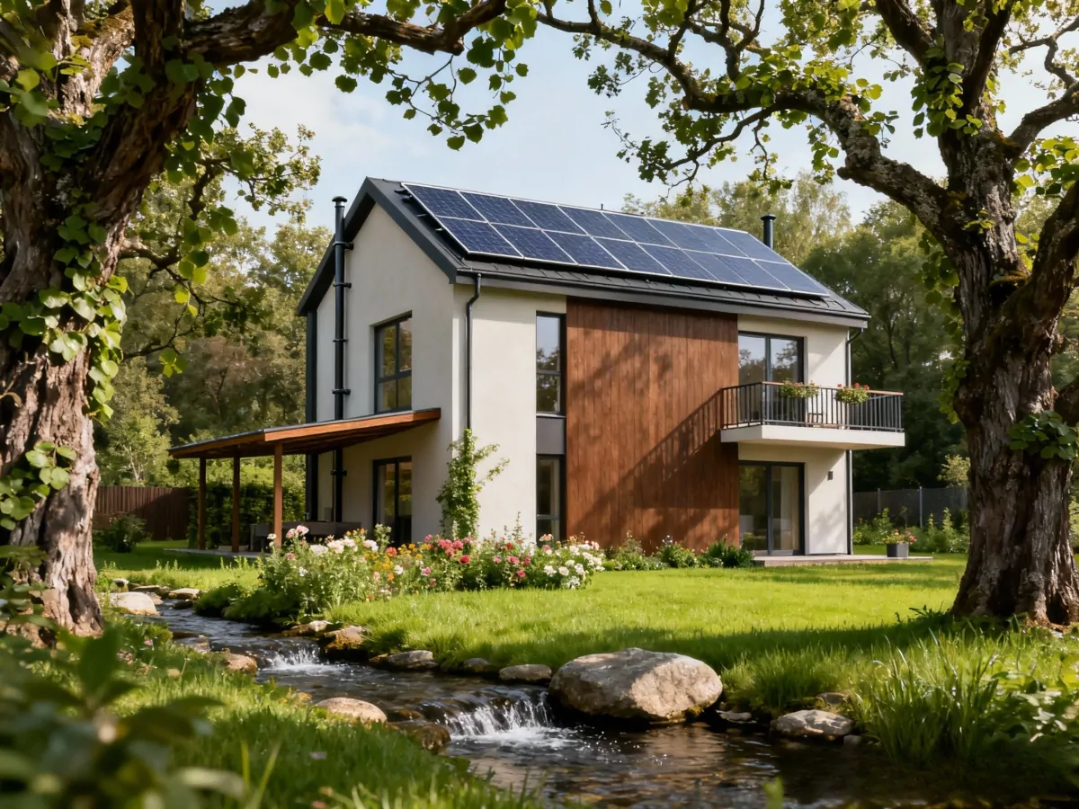 Dom samowystarczalny z panelami słonecznymi, w otoczeniu natury, z ogrodem i strumieniem.