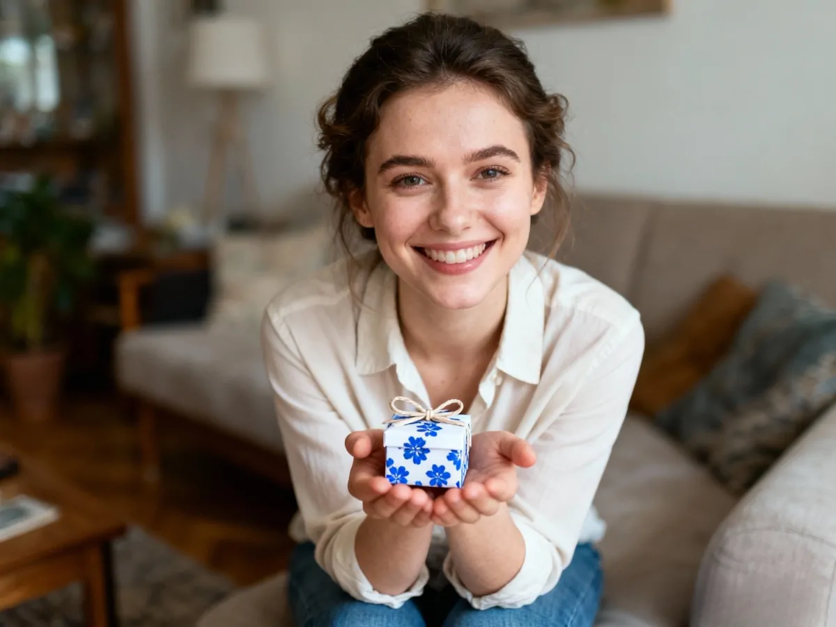 Uśmiechnięta kobieta trzymająca w dłoniach mały prezent – symbol szczęścia i radości z drobnych gestów.