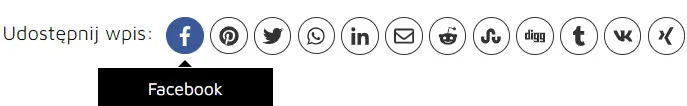 Ikony przycisków do udostępniania wpisu na różnych platformach społecznościowych, w tym Facebook, Twitter, LinkedIn, Pinterest i inne.