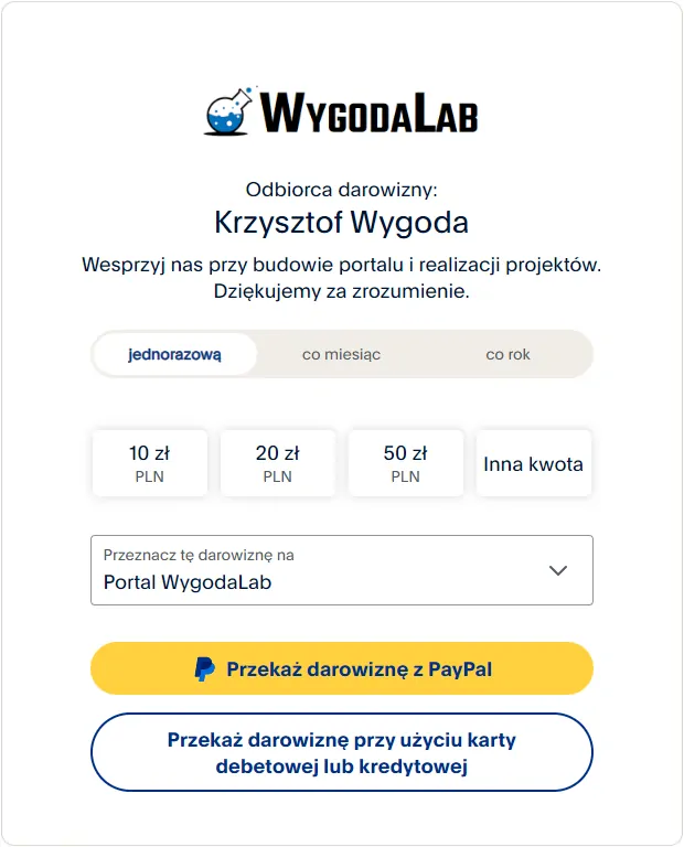 Formularz darowizny dla WygodaLab z możliwością przekazania wsparcia przez PayPal.