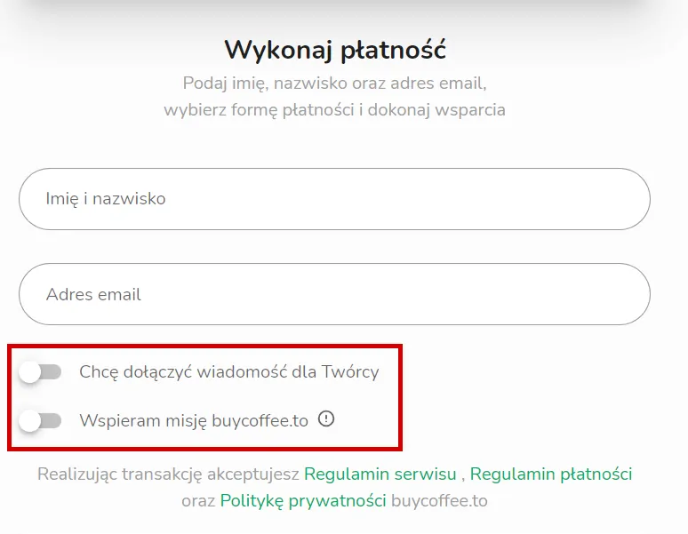 Formularz wsparcia dla WygodaLab na platformie BuyCoffee z możliwością dodania wiadomości i wsparcia misji.