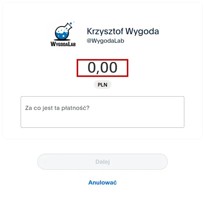 Ekran płatności PayPal.me z opcją wsparcia dla WygodaLab i kwotą 0,00 PLN.