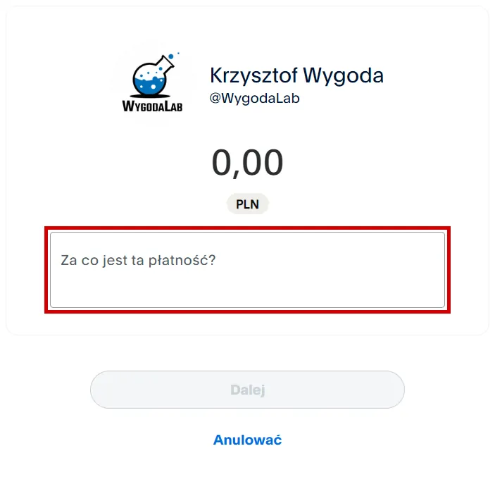 Ekran płatności PayPal.me z polem do wpisania celu płatności dla WygodaLab.