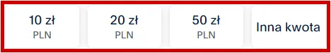 Przyciski wyboru kwoty wsparcia dla WygodaLab: 10 zł, 20 zł, 50 zł oraz opcja "Inna kwota".