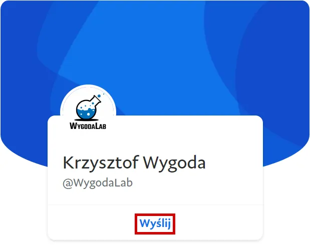 Profil WygodaLab na PayPal.me z przyciskiem "Wyślij" i nazwą użytkownika @WygodaLab.