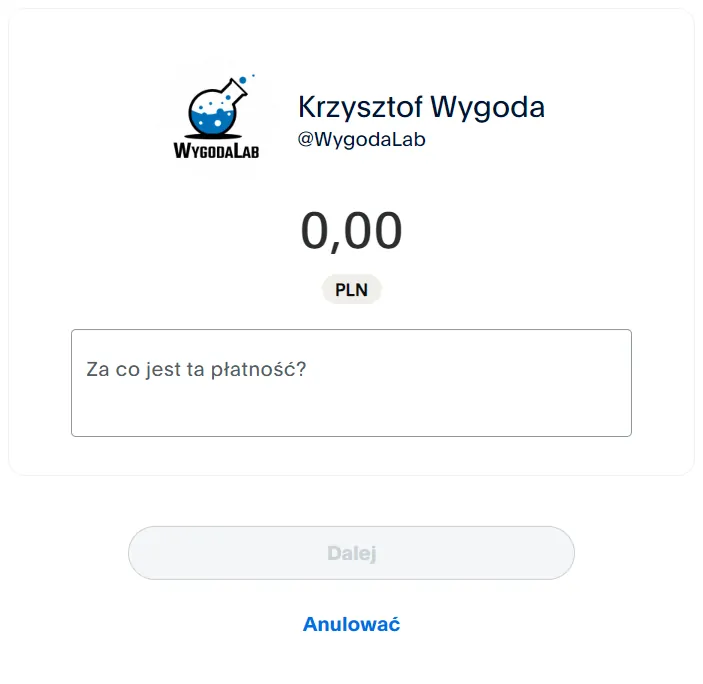Ekran płatności PayPal.me z opcją wsparcia dla WygodaLab.