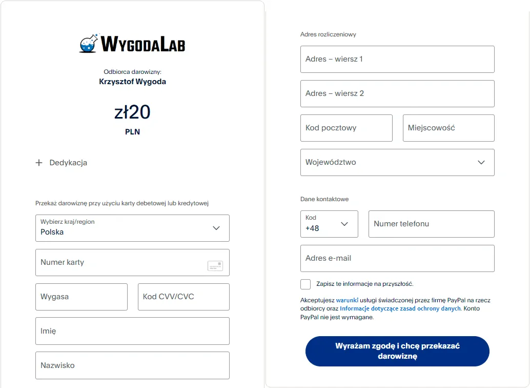 Formularz darowizny na rzecz WygodaLab z opcją płatności przez PayPal.