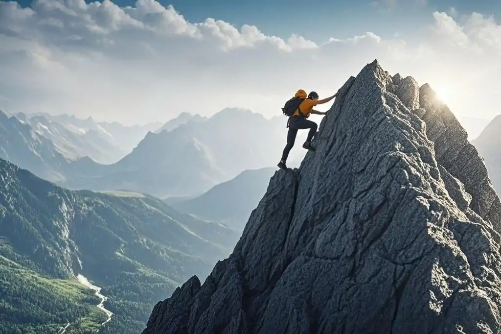 Osoba wspinająca się na szczyt góry symbolizująca dążenie do szczęścia przez pokonywanie trudności.