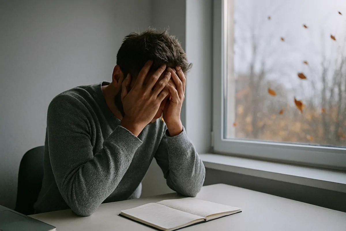 Mężczyzna siedzący przy biurku z głową opartą na dłoniach, symbolizujący brak motywacji i zniechęcenie do działania.