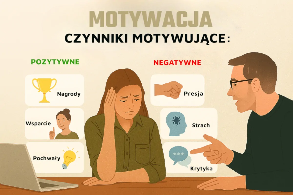 Ilustracja przedstawiająca pozytywne i negatywne czynniki motywacji. Po lewej stronie znajdują się pozytywne elementy: nagrody, wsparcie i pochwały. Po prawej stronie – negatywne: presja, strach i krytyka.