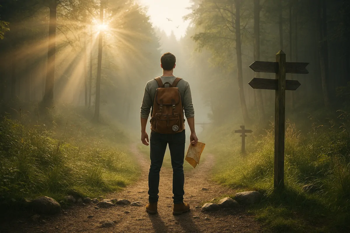 Mężczyzna z plecakiem stoi na leśnej ścieżce przy rozwidleniu dróg, symbolizując wybór i początek drogi do niezależności.