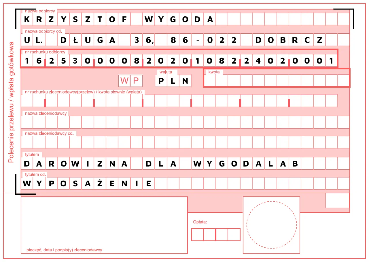 Formularz przelewu darowizny na rzecz wyposażenia pracowni WygodaLab.