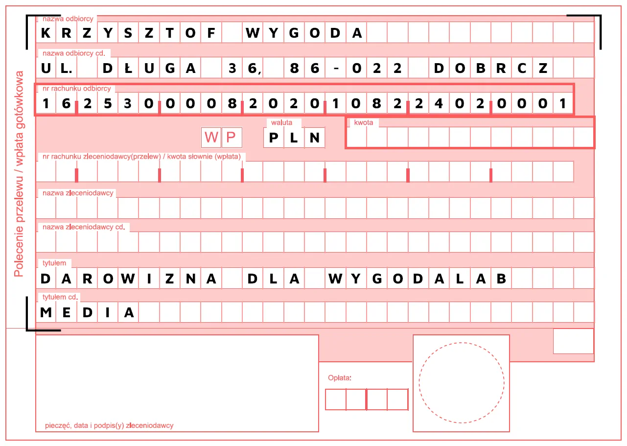 Formularz przelewu darowizny na wsparcie mediów i promocji inicjatywy WygodaLab.